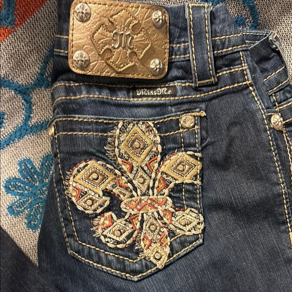 Miss Me Boot Cut Jeans in Blue and Gold with Fleur-de-Lis Embroidery - Picture 2 of 9